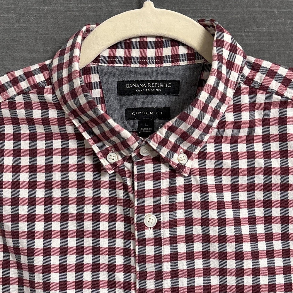 Banana Republic Shirt‎ L Camden Fit Red Gray Gingham Plaid Luxe Flannel Button